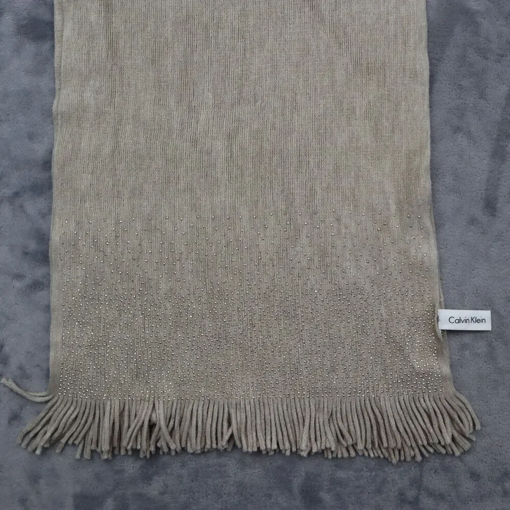 Calvin Klein Scarf Womens Brown Rectangle Beaded Fringe Knitted Outwear